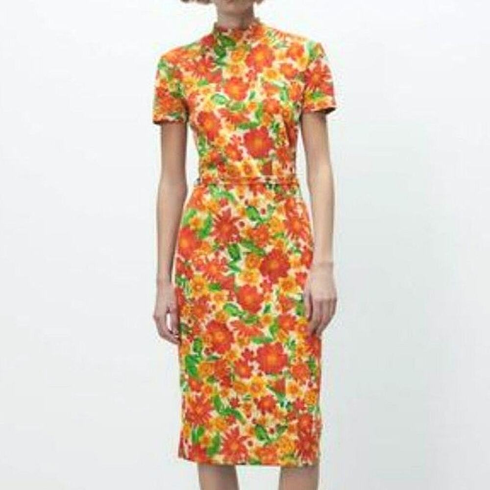 Zara Orange Floral Midi Dress with Green Accents